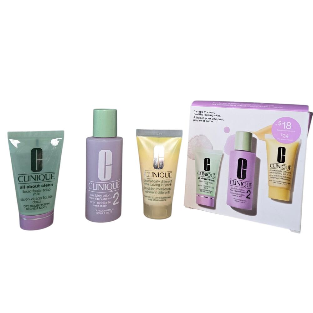 Clinique Skin School Supplies 3 Step Cleanse Exfoliate Moisturize Dry Combo Set